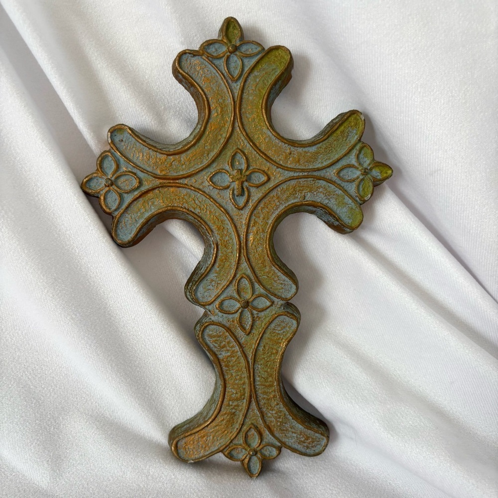 Vintage baroque wall hanging cross home decor sage green turquoise boho indie